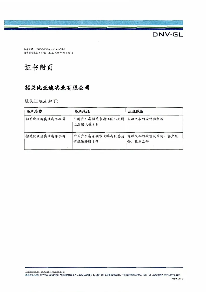 Chariot élévateur BYD OHSAS18001 : Certification du système de gestion de la san