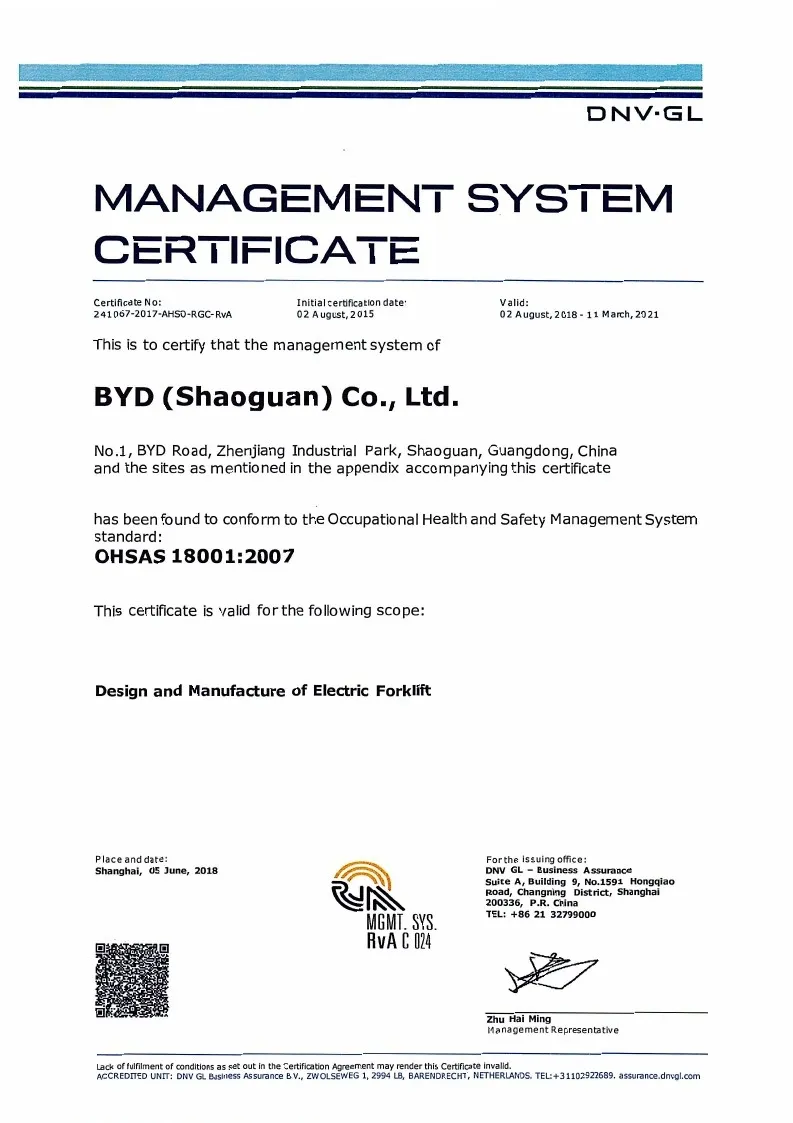 Certificat de système de gestion de la qualité - OHSAS18001 : 2007 (anglais)